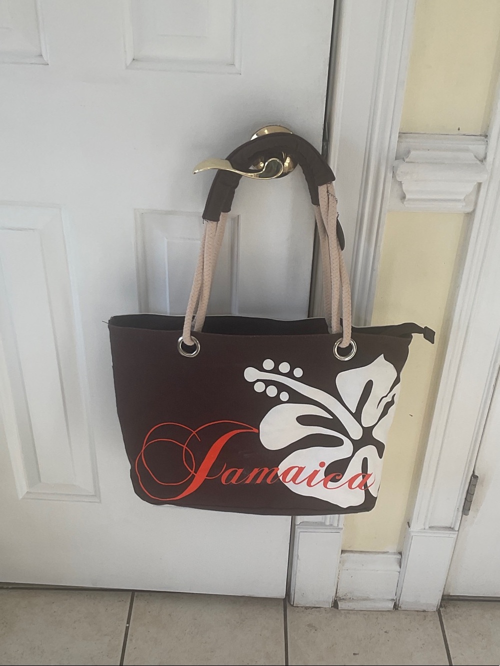 Jamaica Floral Canvas Tote Bag in Brown and White